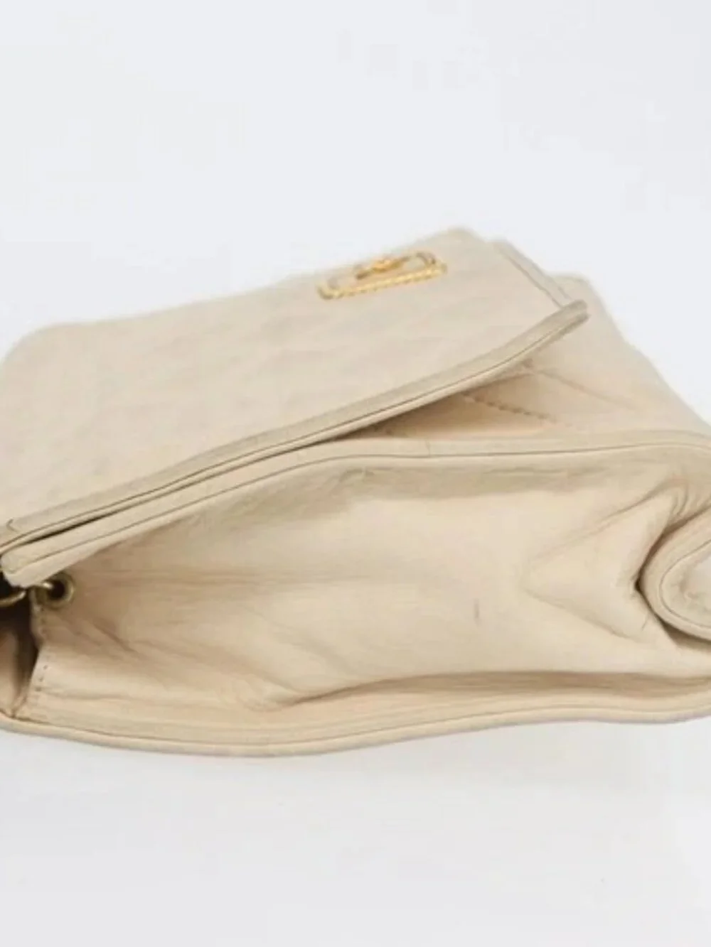 CHANEL Matelasse Chain Shoulder Bag Lamb Skin Beige Gold CC Auth BA10672